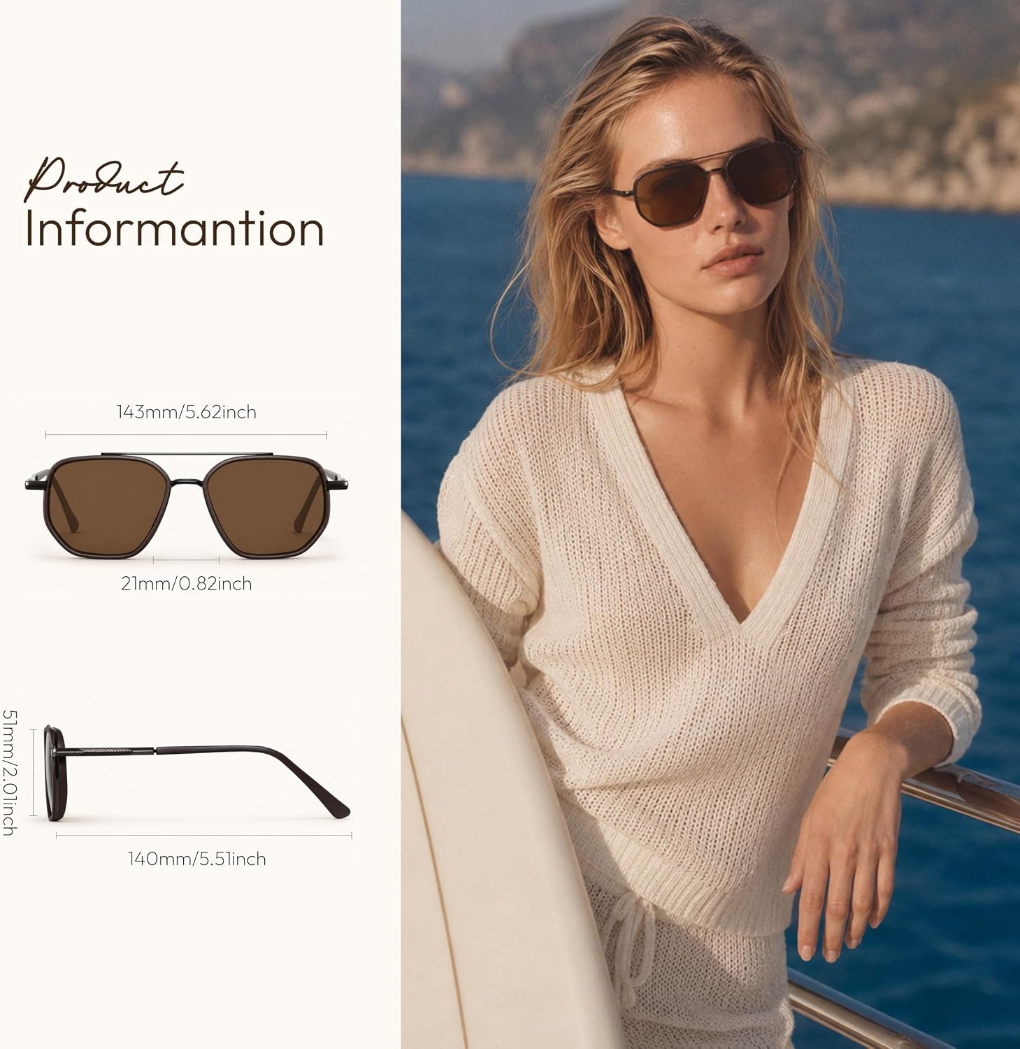 image:imageEiuizah Tangle Free Polarized Square Aviator Sunglasses for Women UV400A2 Black Frame Matte Black Arm Grey Lens