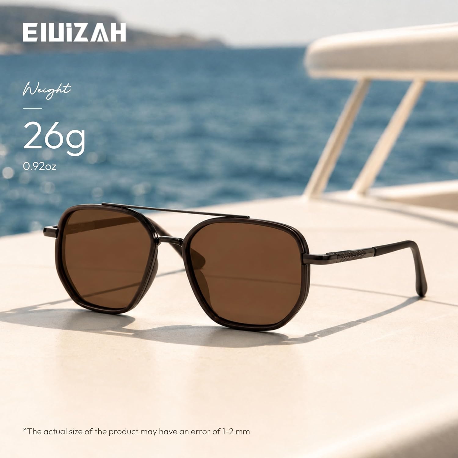 image:imageEiuizah Tangle Free Polarized Square Aviator Sunglasses for Women UV400A3 Black Frame Gold Arm Grey Lens