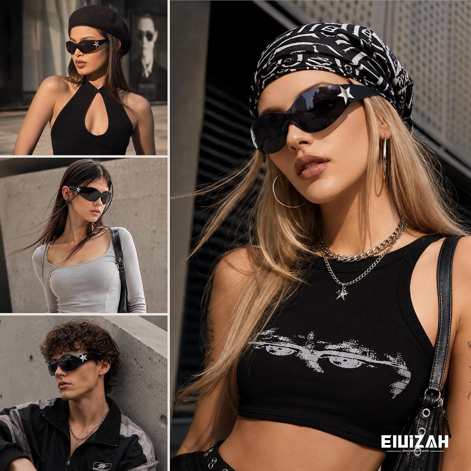 image:imageEiuizah Y2k Sunglasses for Women Men Shield Wrap Around Fashion Sunglasses Trendy Oversized Frameless Sun GlassesA2blackwhite Sliver