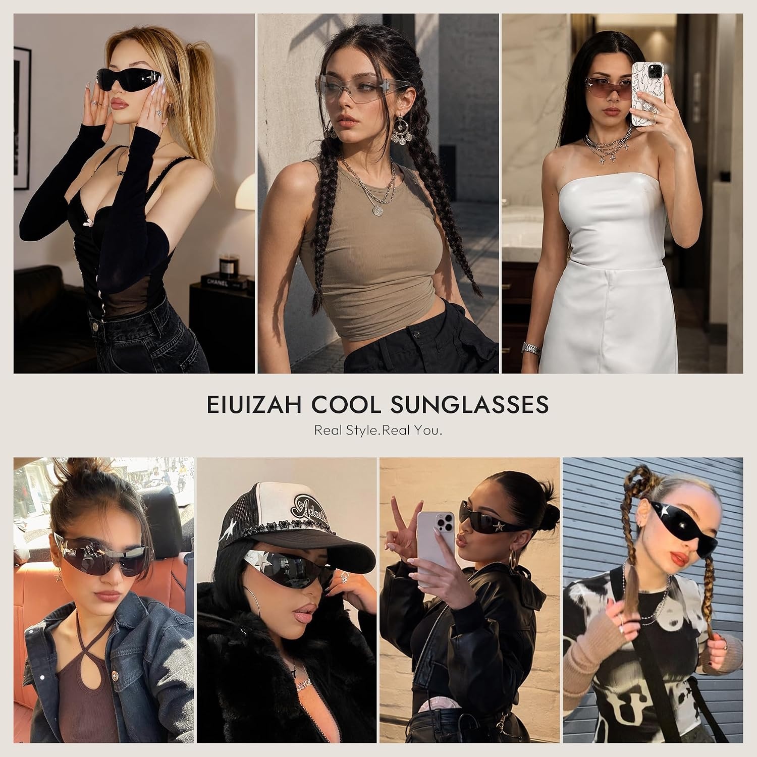 image:imageEiuizah Y2k Sunglasses for Women Men Shield Wrap Around Fashion Sunglasses Trendy Oversized Frameless Sun GlassesSolid White Frame Silver Lens