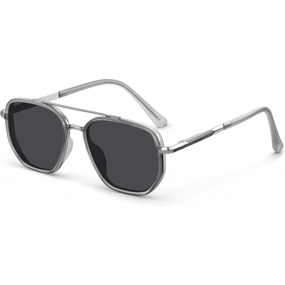 image:imageEiuizah Tangle Free Polarized Square Aviator Sunglasses for Women UV400Clear Grey Frame Silver Arm Black Lens