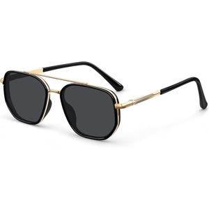 Eiuizah Tangle Free Polarized Square Aviator Sunglasses for Women UV400(A3. Black Frame Gold Arm Grey Lens)